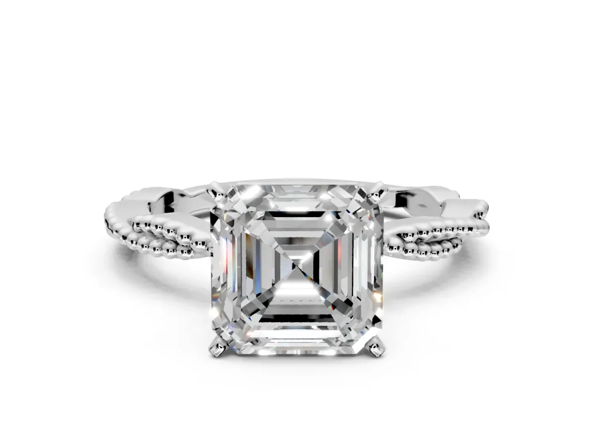 Solitaire Engagement Ring Setting for Asscher Cut Center with Twist Band and Bead Prong Head in Sterling Silver