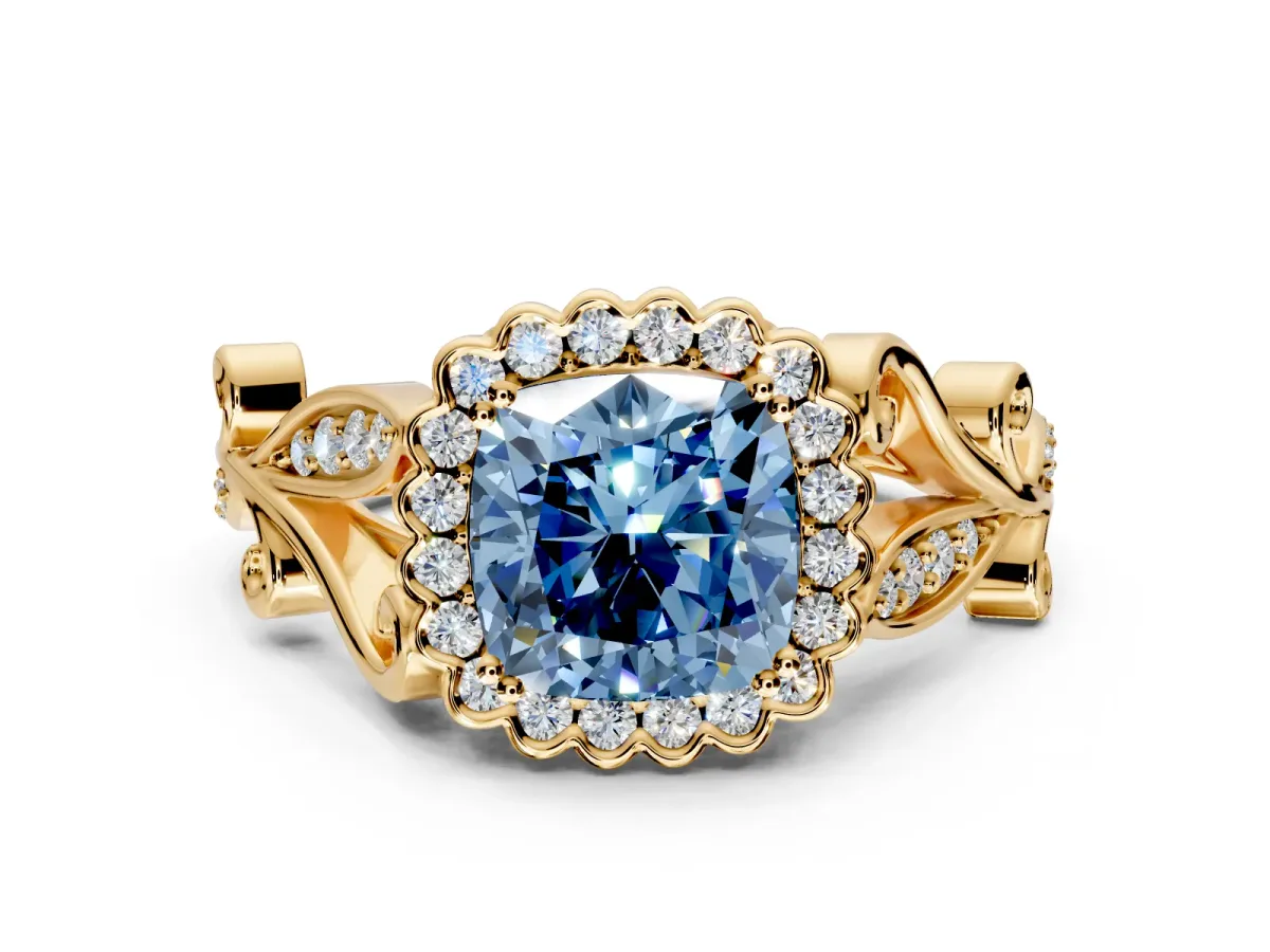 Halo Engagement Ring Setting for Fancy Blue Cushion Cut Center with Leaf Motif Split Shank and Prong Head in Yellow Gold