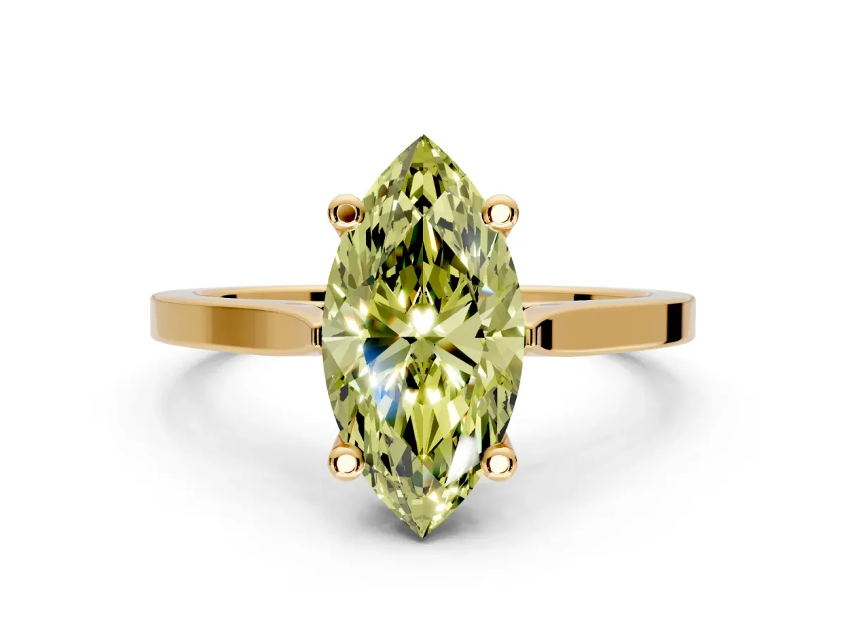 Solitaire Engagement Ring Setting for Fancy Yellow Marquise Center with Tapered Shoulders and Prong Head in Yellow Gold