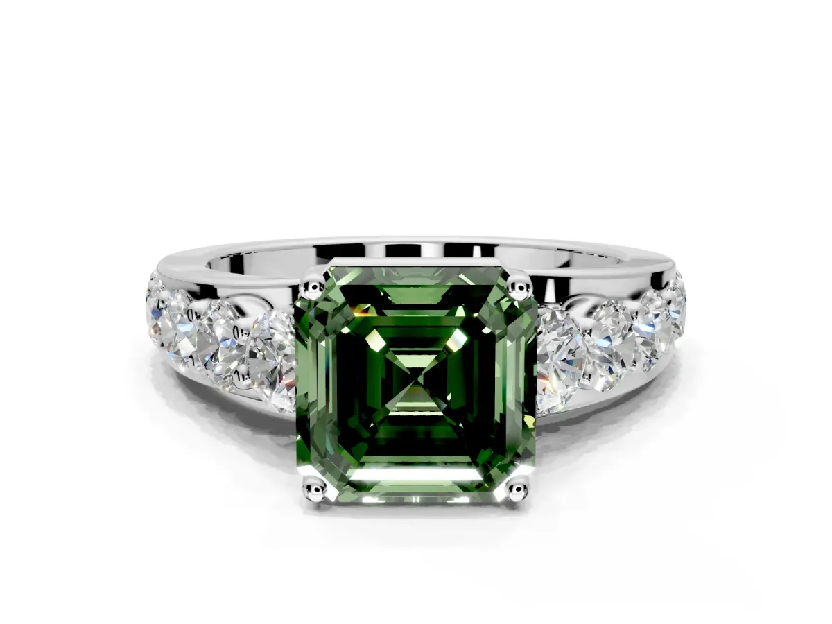 Solitaire Engagement Ring Setting for Fancy Green Asscher Cut Center with Graduated Shared Prongs and Prong Head in White Gold