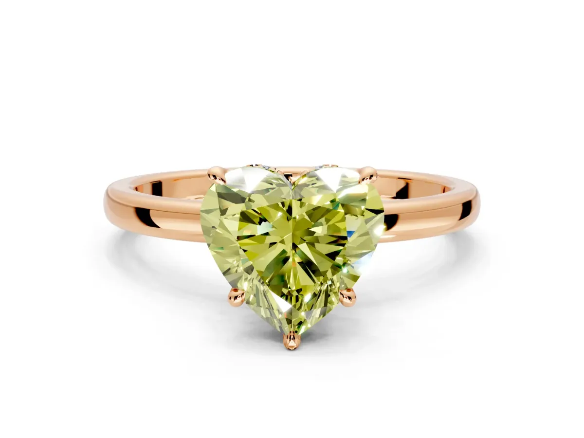 Hidden Halo Engagement Ring Setting for Fancy Yellow Heart-Shaped Center with Plain Band and Tall Prong Head in Rose Gold