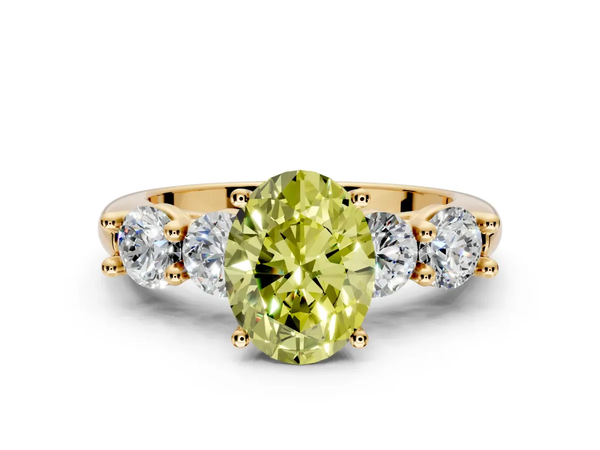 5 Stone Engagement Ring Setting for Fancy Yellow Oval Center with Graduated Accents and Prong Head in Yellow Gold