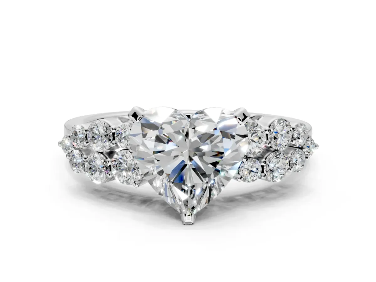 Cluster Engagement Ring Setting for Heart-Shaped Center with 2-Row Shoulder Clusters and Prong Head in Platinum
