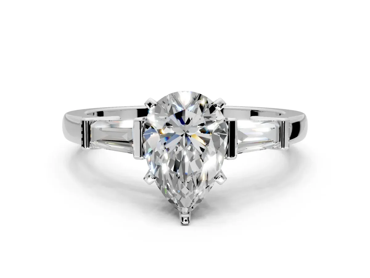 3 Stone Engagement Ring Setting for Pear-Shaped Center with Channel Baguette Accents and Prong Head in Sterling Silver