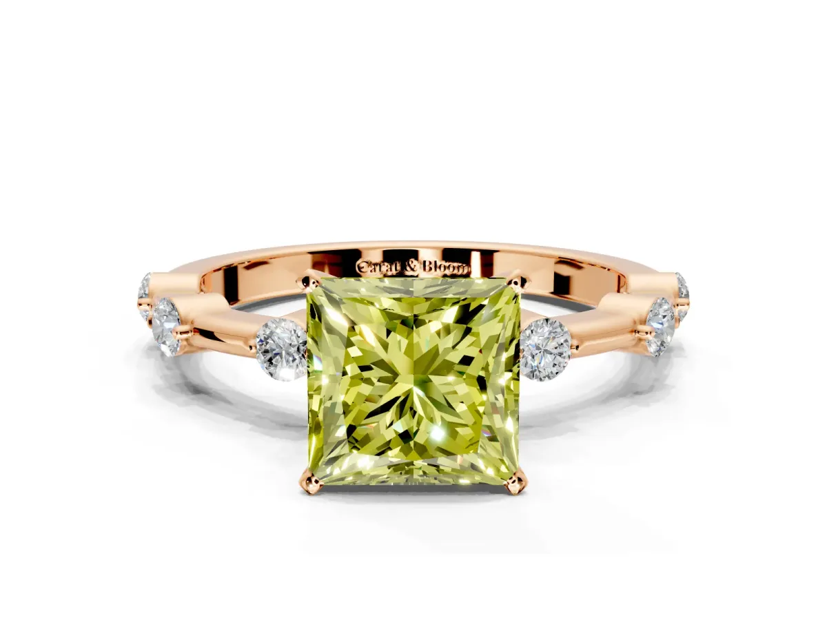 Solitaire Engagement Ring Setting for Fancy Yellow Princess Cut Center with Bezel Station Band and Prong Head in Rose Gold