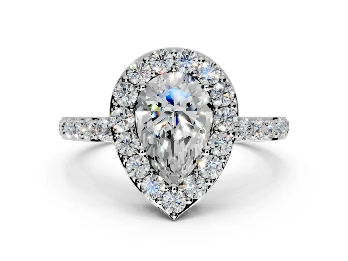 Halo Engagement Ring Setting for Pear-Shaped Center with Heart-Shaped Openwork, Pave Band and Prong Head in Sterling Silver