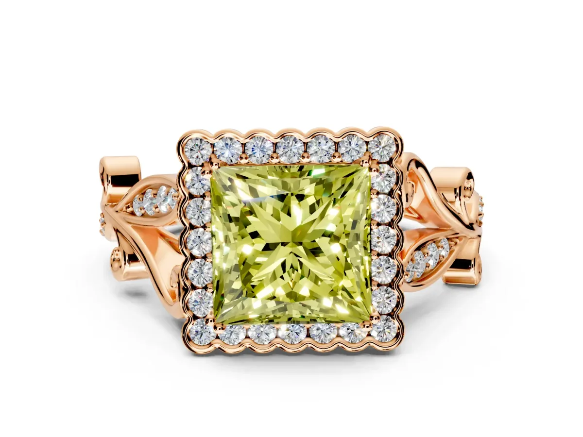 Halo Engagement Ring Setting for Fancy Yellow Princess Cut Center with Leaf Motif Split Shank and Prong Head in Rose Gold