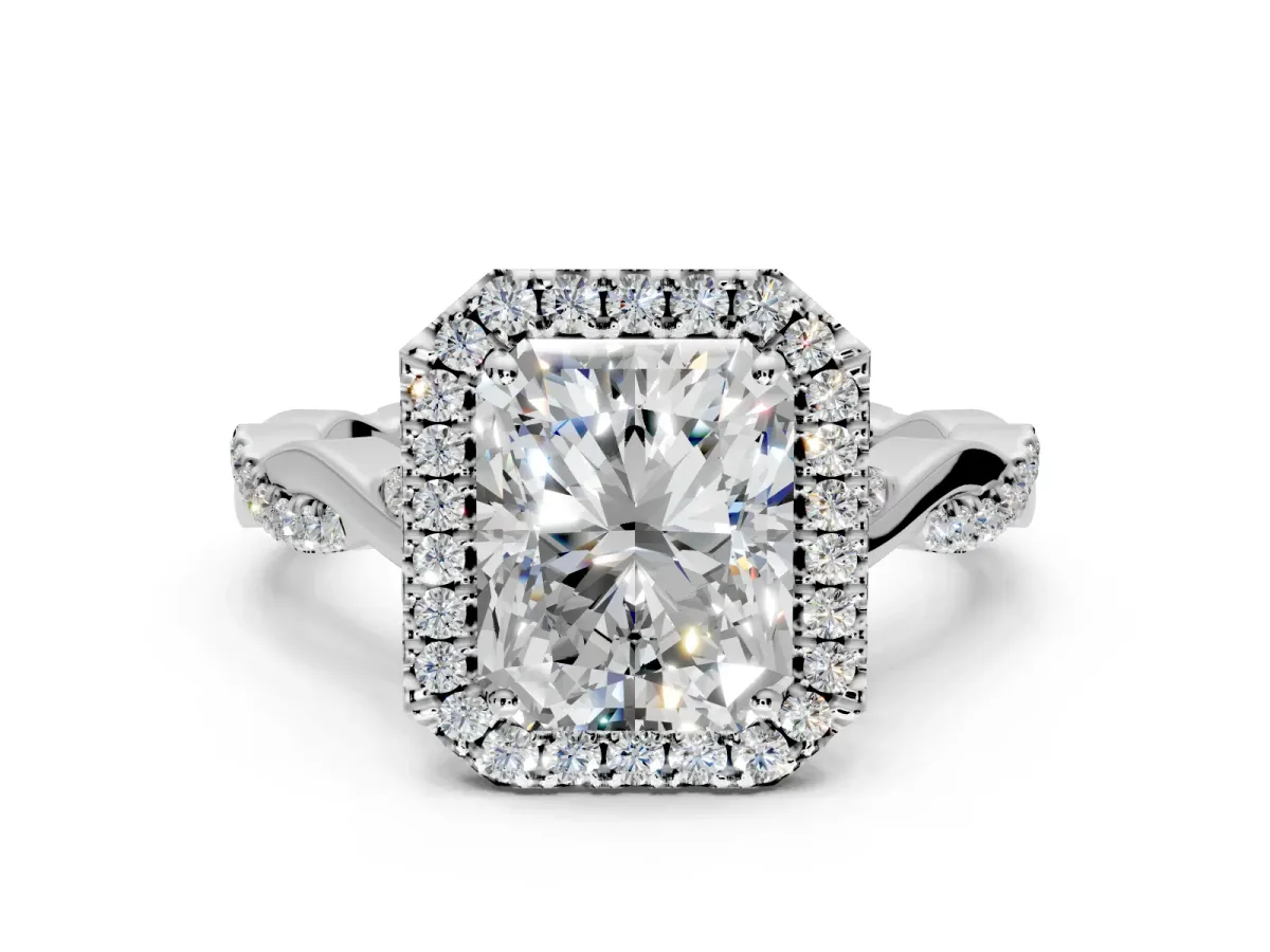 Halo Engagement Ring Setting for Radiant Cut Center with Twist Band and Prong Head in Platinum