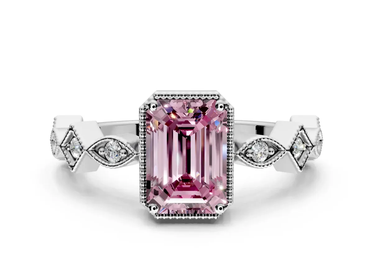 Milgrain Bezel Engagement Ring Setting for Fancy Pink Emerald Cut Center with Marquise Stations and Bezel Head in White Gold