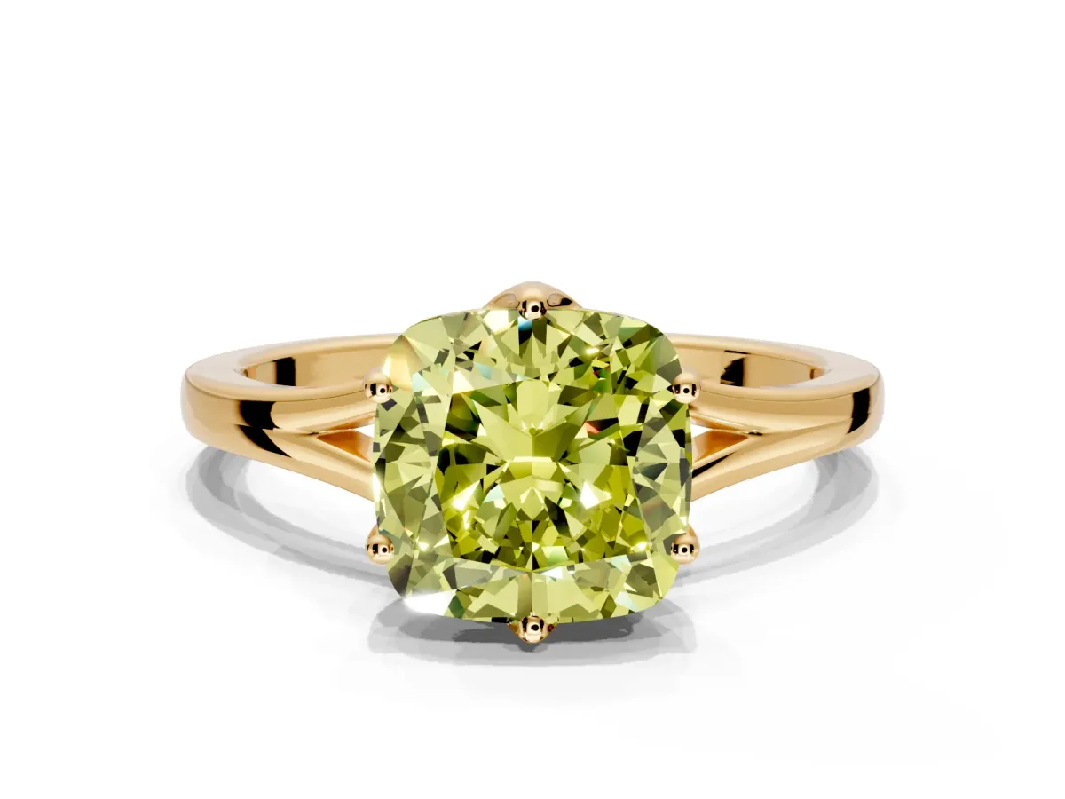 Solitaire Engagement Ring Setting for Fancy Yellow Cushion Cut Center with Plain Split Shank and Prong Head in Yellow Gold