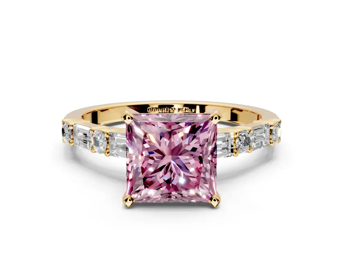 Baguette Engagement Ring Setting for Fancy Pink Princess Cut Center with Alternating Bar-Set Band and Prong Head in Yellow Gold