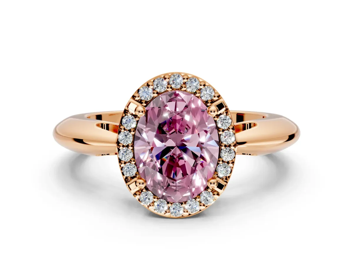 Halo Engagement Ring Setting for Fancy Pink Oval Center with Tapered Plain Band and Prong Head in Rose Gold