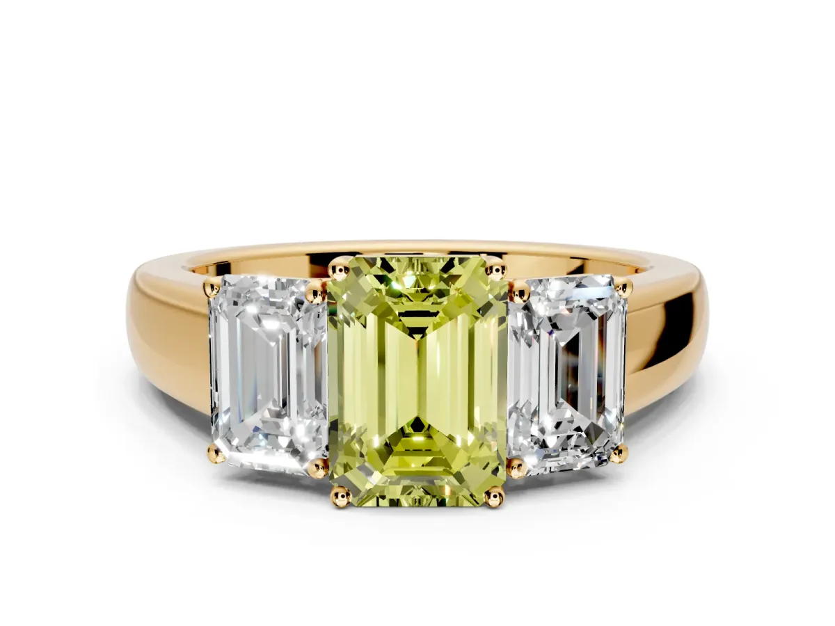 3 Stone Engagement Ring Setting for Fancy Yellow Emerald Cut Center with Raised Basket Heads and Prong Head in Yellow Gold