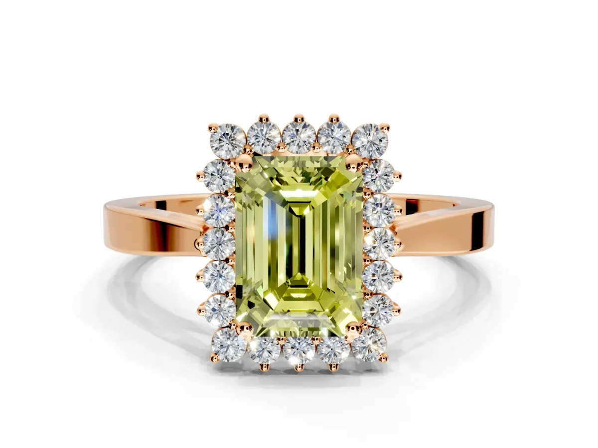 Starburst Halo Engagement Ring Setting for Fancy Yellow Emerald Cut Center with Flat Cathedral Band and Prong Head in Rose Gold