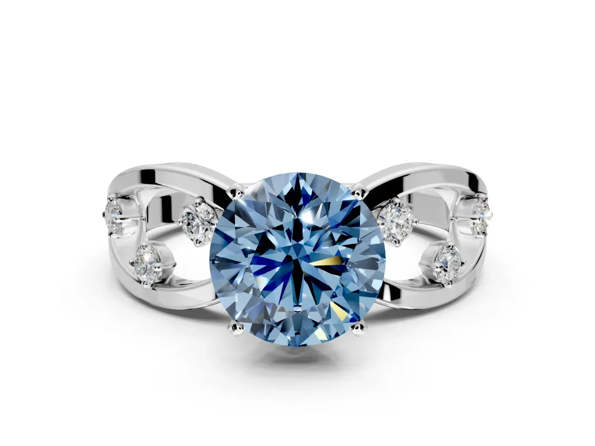 Solitaire Engagement Ring Setting for Fancy Blue Round Cut Center with Criss-Cross Accent Band and Prong Head in Sterling Silver