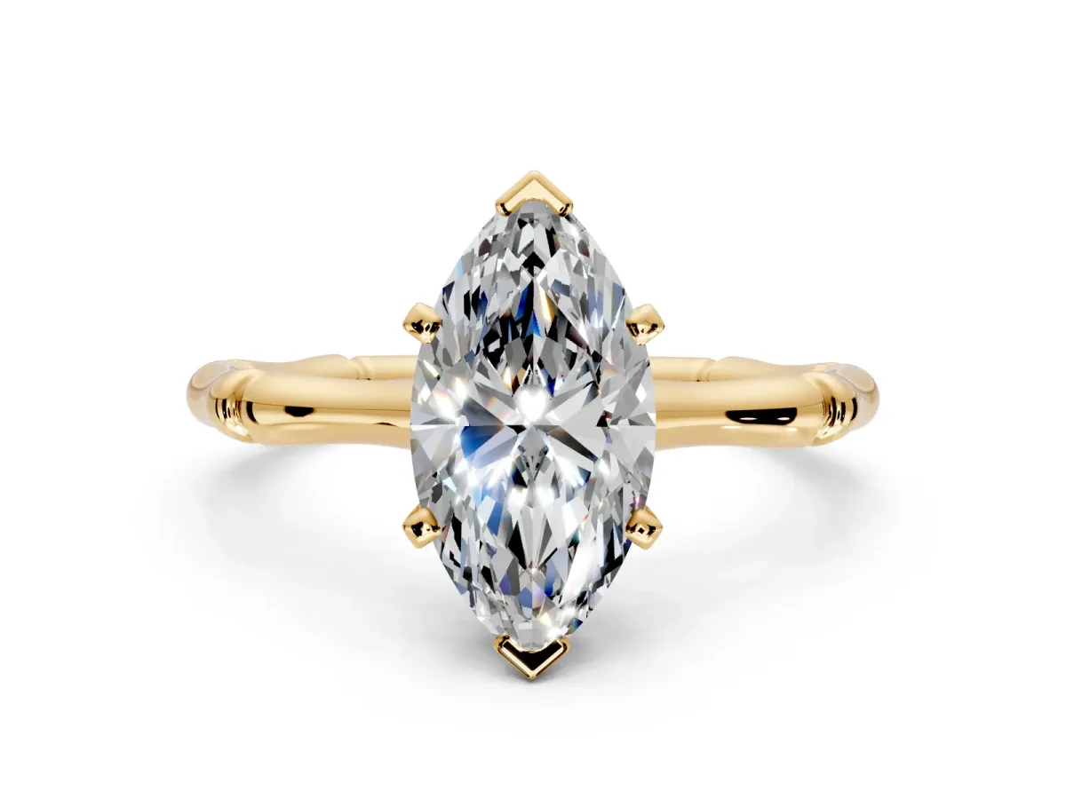 Solitaire Engagement Ring Setting for Marquise Center with Bamboo Band and Prong Head in Yellow Gold