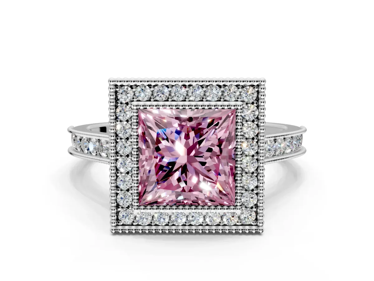 Halo Engagement Ring Setting for Fancy Pink Princess Cut Center with Milgrain Pave Band and Bezel Head in White Gold