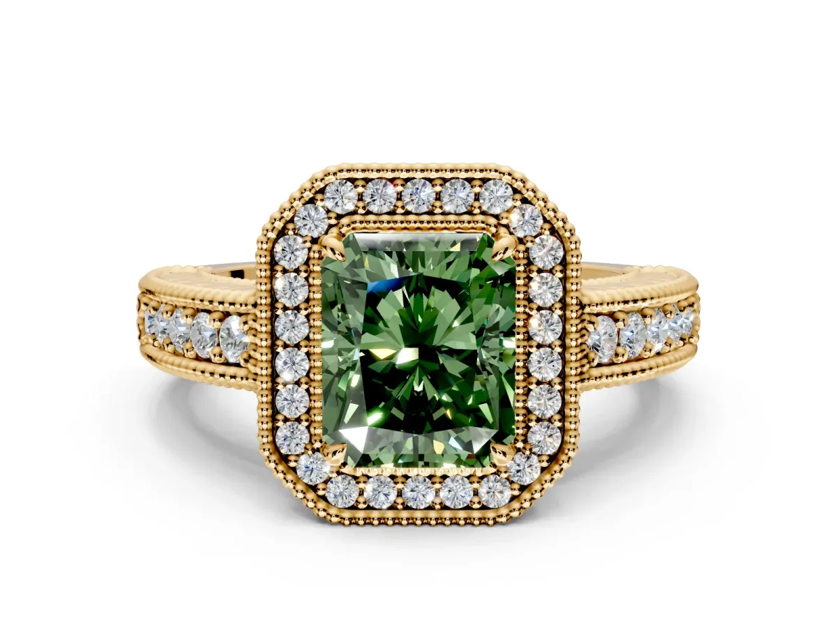 Milgrain Halo Engagement Ring Setting for Fancy Green Radiant Cut Center with Pave Band and Prong Head in Yellow Gold