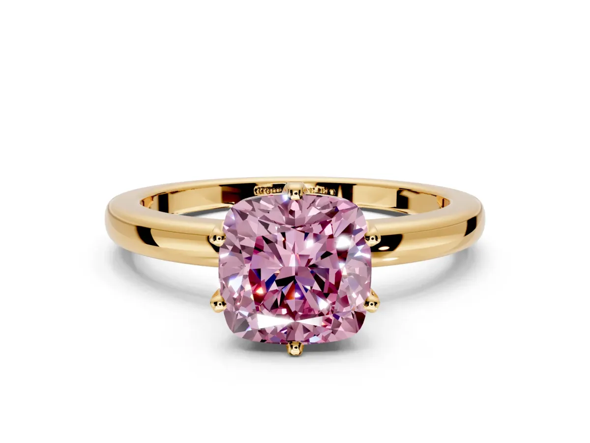 Solitaire Engagement Ring Setting for Fancy Pink Cushion Cut Center with Plain Band and Tulip Prong Head in Yellow Gold