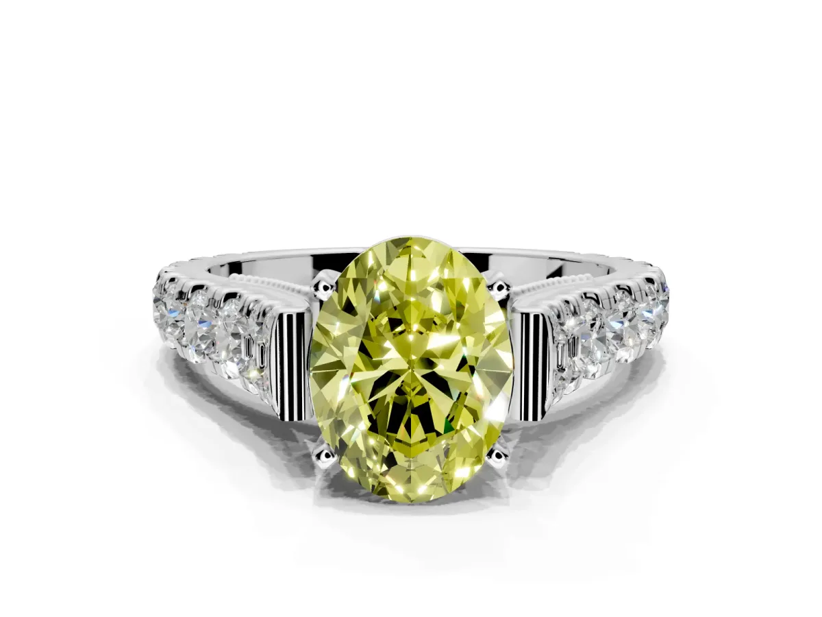 Solitaire Engagement Ring Setting for Fancy Yellow Oval Center with Pave Cathedral Shoulders and Prong Head in Sterling Silver