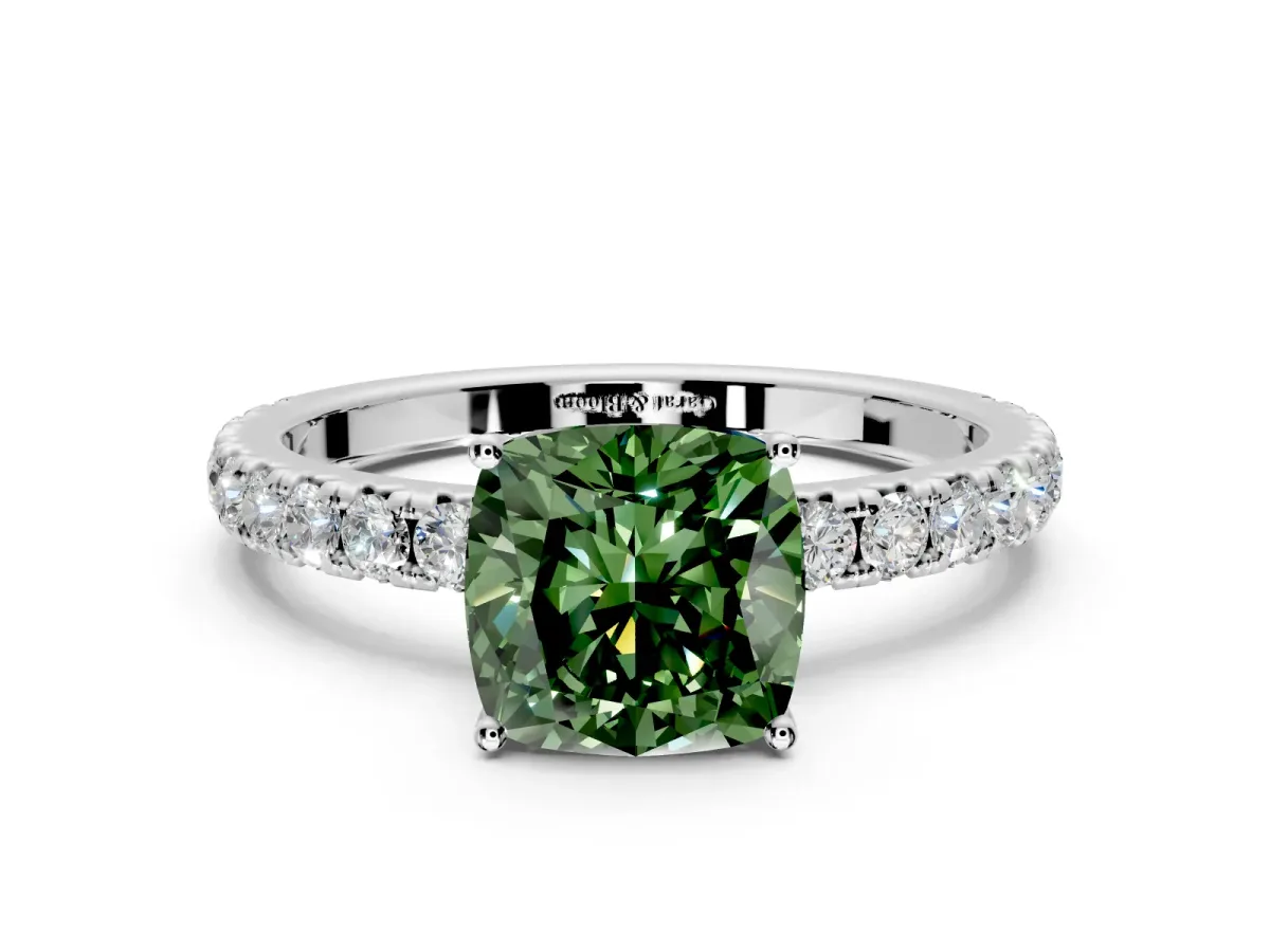 Solitaire Engagement Ring Setting for Fancy Green Cushion Cut Center with Large Accent Band and Prong Head in Platinum