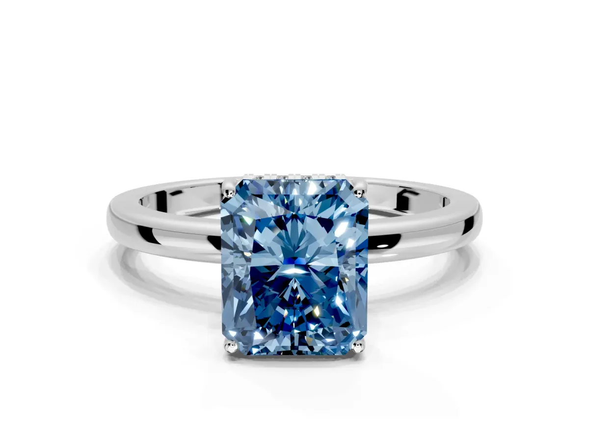 Solitaire Engagement Ring Setting for Fancy Blue Radiant Cut Center with Fine Wire Band and Prong Head in Platinum
