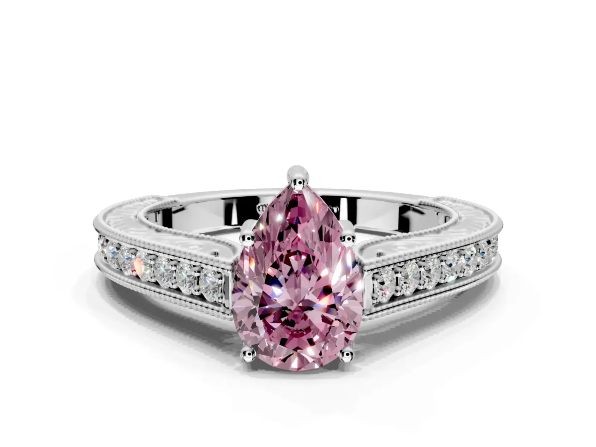 Solitaire Engagement Ring Setting for Fancy Pink Pear-Shaped Center with Engraved Pave Band and Prong Head in White Gold