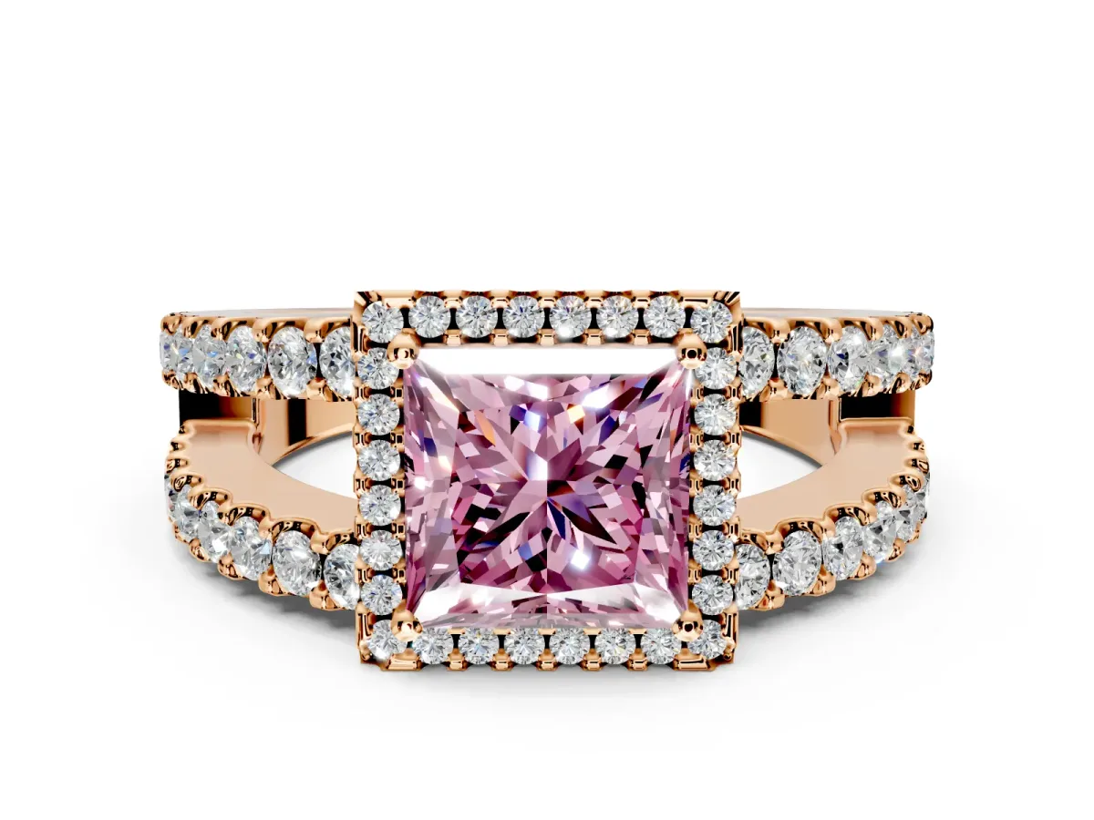 Halo Engagement Ring Setting for Fancy Pink Princess Cut Center with Wide-Open Pave Split Shank and Prong Head in Rose Gold