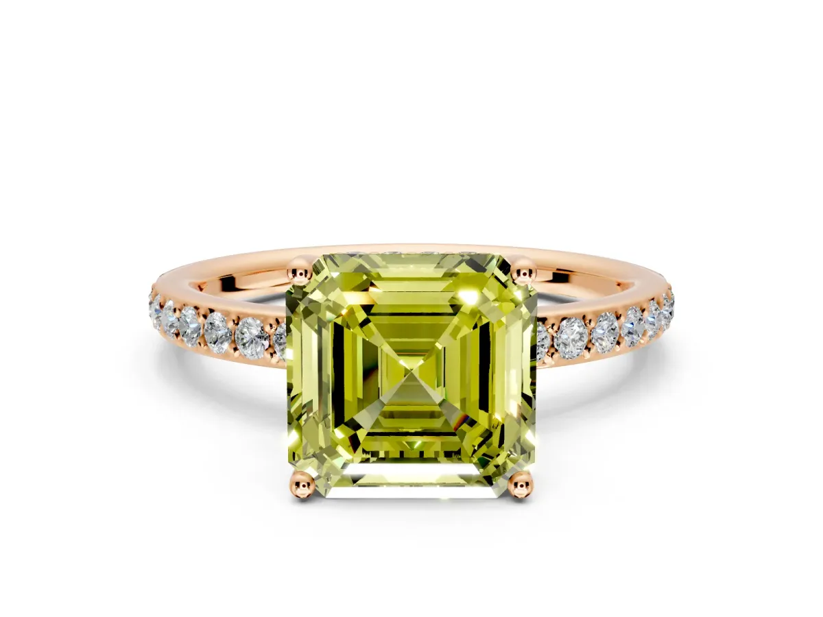 Solitaire Engagement Ring Setting for Fancy Yellow Asscher Cut Center with Fine Pave Band and Prong Head in Rose Gold