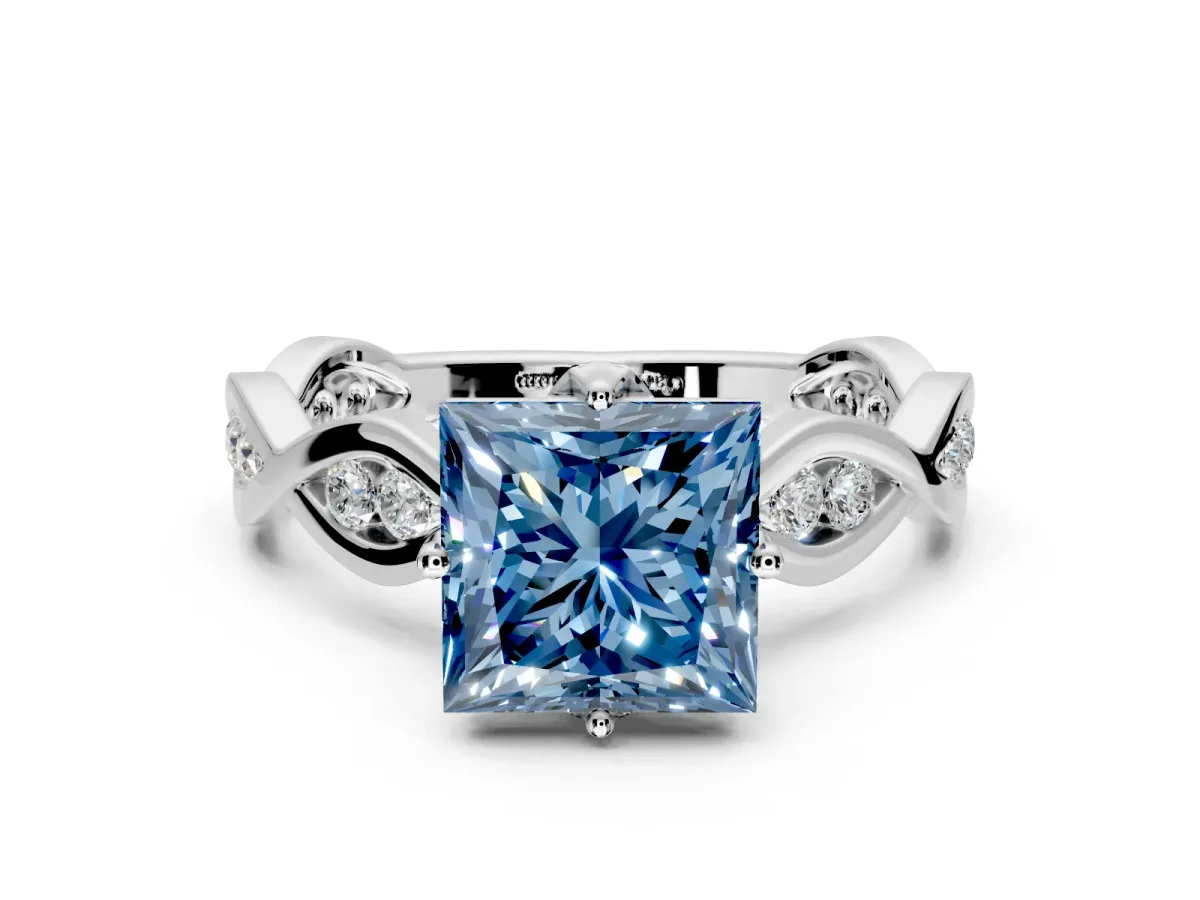 Solitaire Engagement Ring Setting for Fancy Blue Princess Cut Center with Accented Twist Band and Leaf Prong Head in Platinum