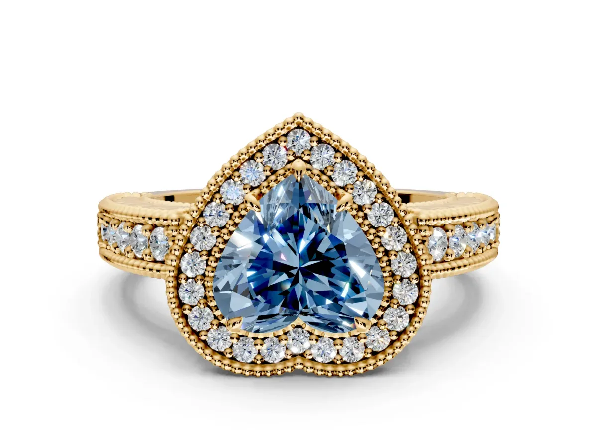 Milgrain Halo Engagement Ring Setting for Fancy Blue Heart-Shaped Center with Pave Band and Prong Head in Yellow Gold