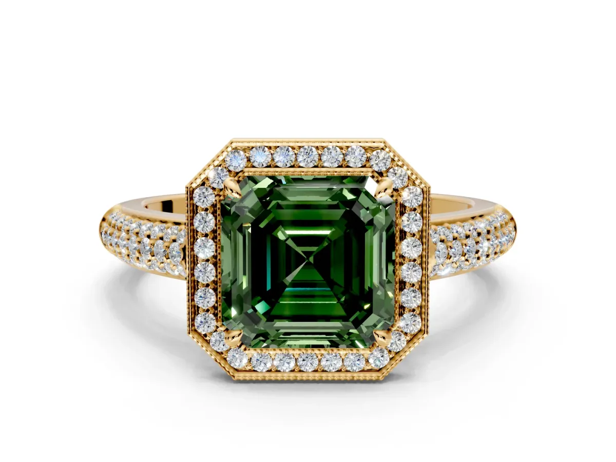 Milgrain Halo Engagement Ring Setting for Fancy Green Asscher Cut Center with Three-Sided Pave Band and Prong Head in Yellow Gold
