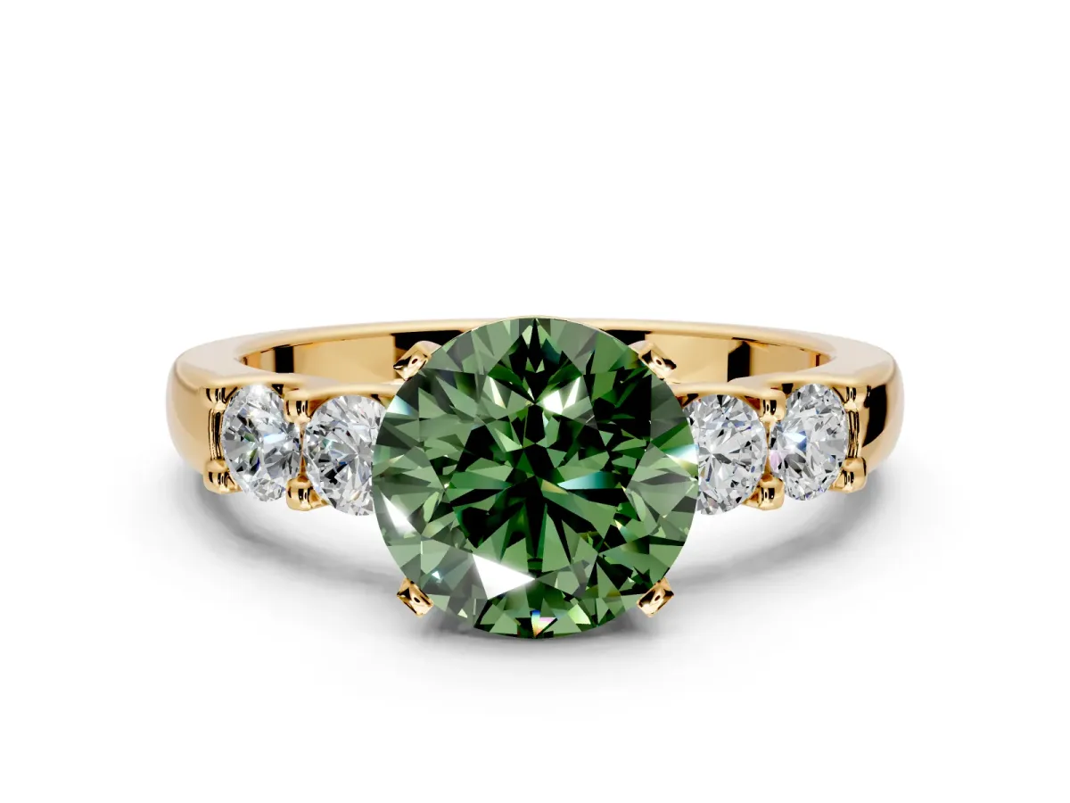 5 Stone Engagement Ring Setting for Fancy Green Round Cut Center with Plain Band and Prong Head in Yellow Gold