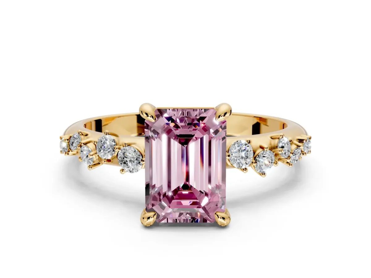 Solitaire Engagement Ring Setting for Fancy Pink Emerald Cut Center with Trailing Leaf Accent Band and Prong Head in Yellow Gold