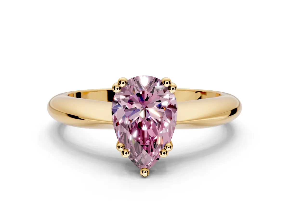 Solitaire Engagement Ring Setting for Fancy Pink Pear-Shaped Center with Reverse Tapered Band and Prong Head in Yellow Gold