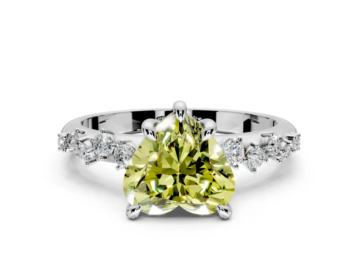 Solitaire Engagement Ring Setting for Fancy Yellow Heart-Shaped Center with Trailing Leaf Accent Band and Prong Head in Sterling Silver