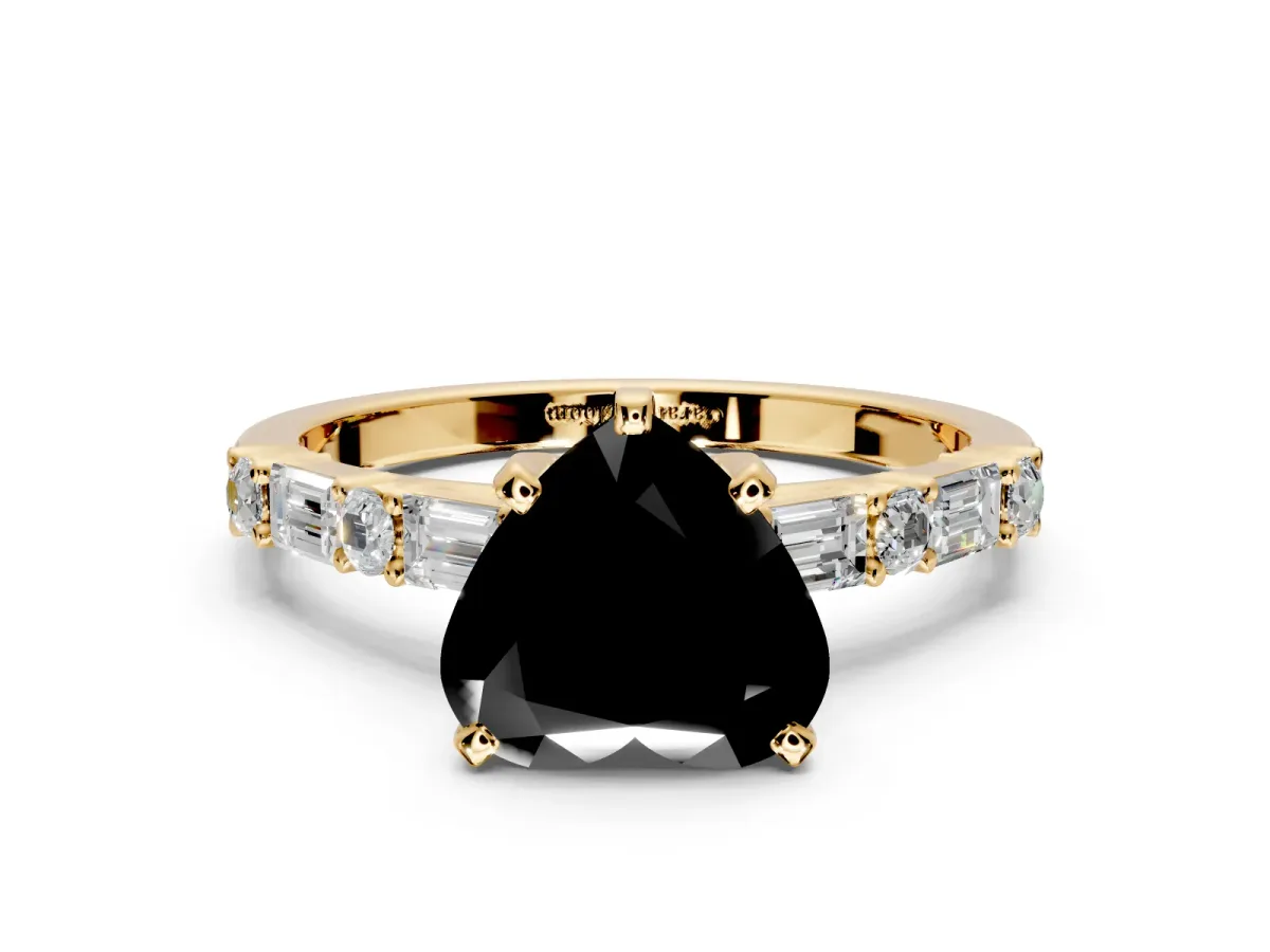 Baguette Engagement Ring Setting for Fancy Black Heart-Shaped Center with Alternating Bar-Set Band and Prong Head in Yellow Gold