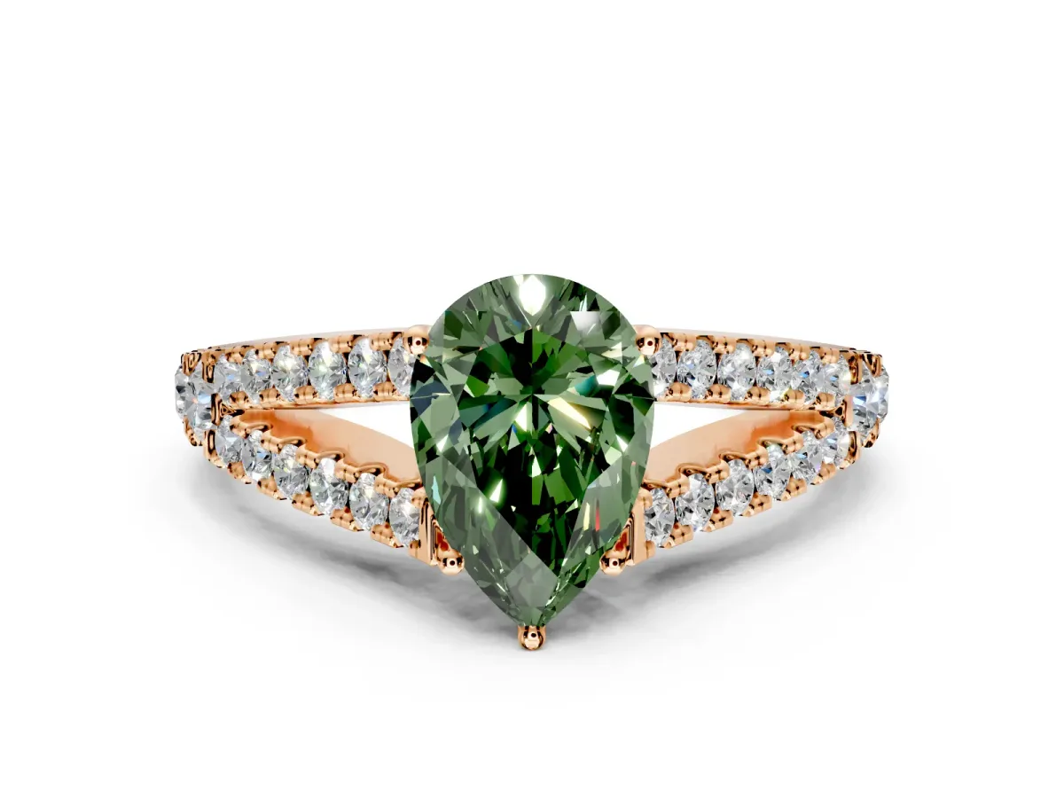 Solitaire Engagement Ring Setting for Fancy Green Pear-Shaped Center with Pave Split Shank and Prong Head in Rose Gold