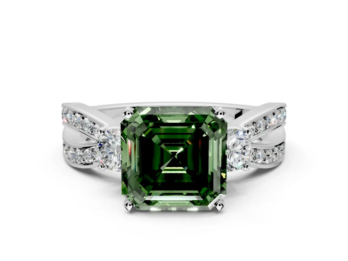 3 Stone Engagement Ring Setting for Fancy Green Asscher Cut Center with Pave Twist Band and Prong Head in White Gold