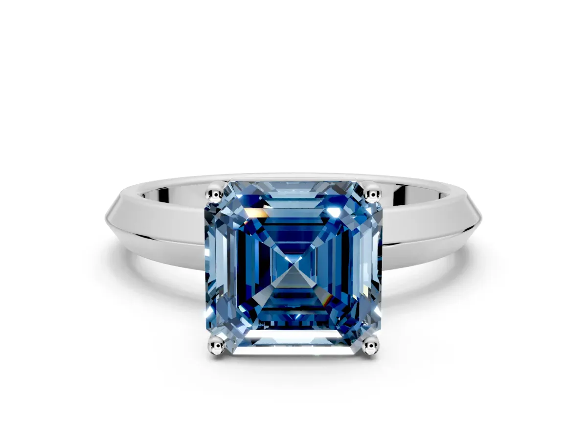 Solitaire Engagement Ring Setting for Fancy Blue Asscher Cut Center with Wide Knife Ridge Band and Prong Head in Sterling Silver