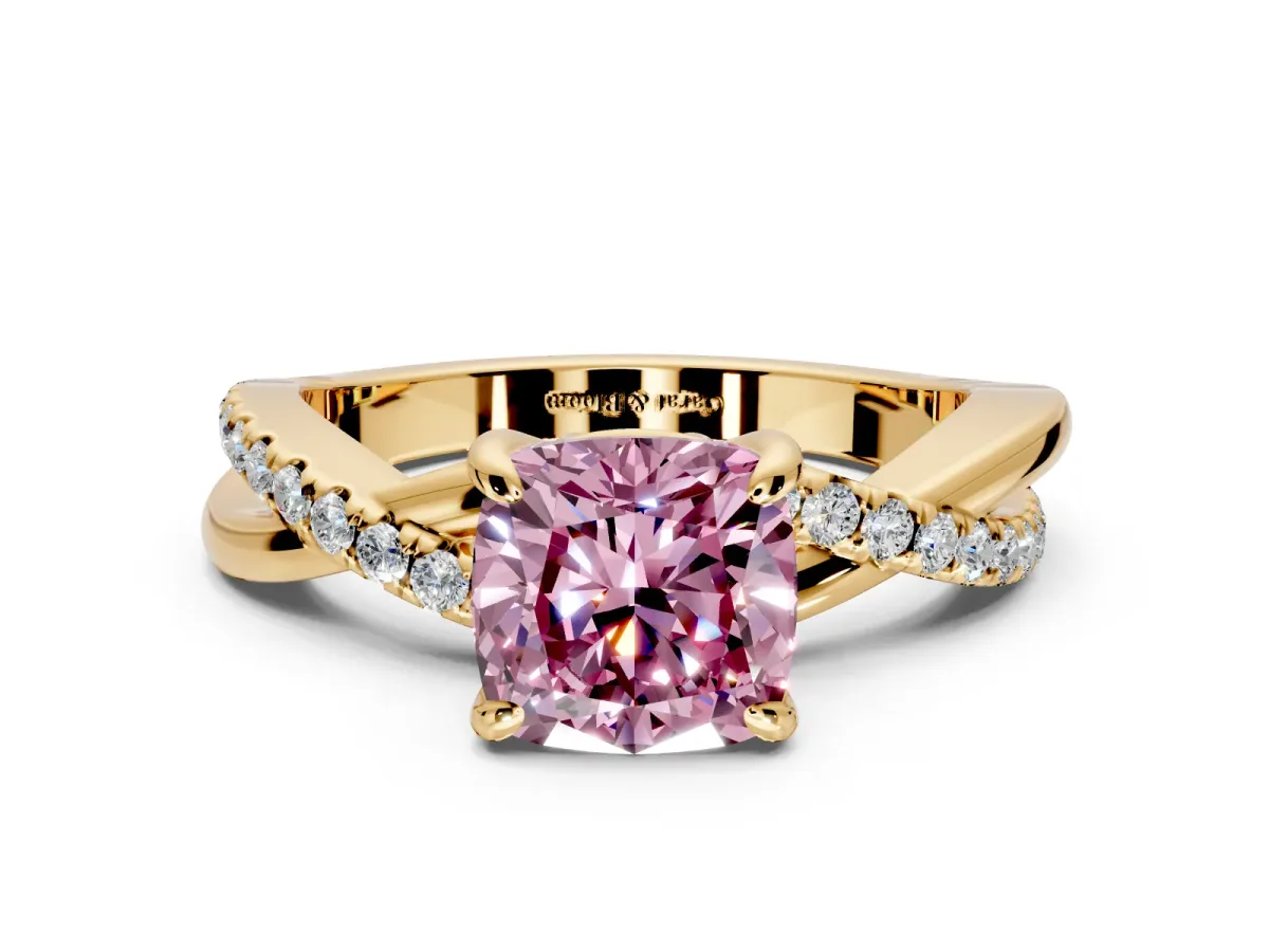 Solitaire Engagement Ring Setting for Fancy Pink Cushion Cut Center with Half-Pave Crossover Band and Prong Head in Yellow Gold