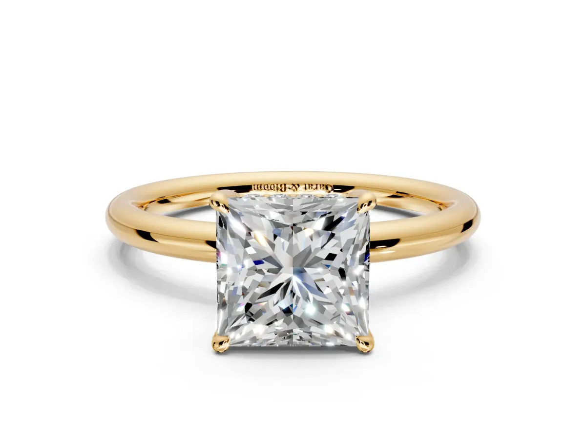 Hidden Halo Engagement Ring Setting for Princess Cut Center with Thin Rounded Band and Prong Head in Yellow Gold
