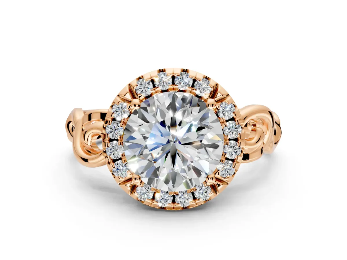 Halo Engagement Ring Setting for Round Cut Center with Open Scroll Shoulders and Prong Head in Rose Gold