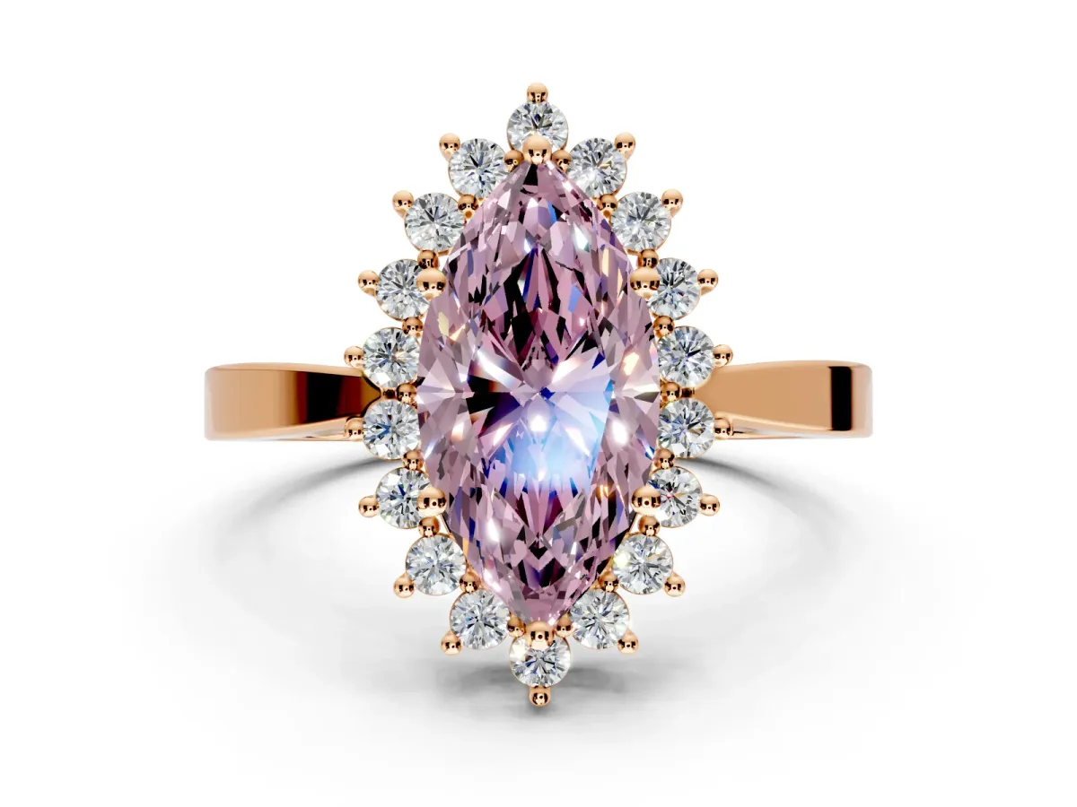 Starburst Halo Engagement Ring Setting for Fancy Pink Marquise Center with Flat Cathedral Band and Prong Head in Rose Gold