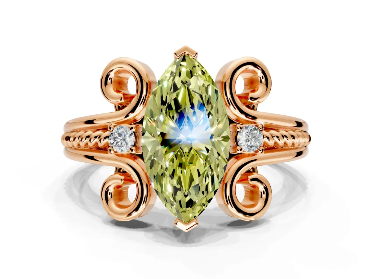 Solitaire Engagement Ring Setting for Fancy Yellow Marquise Center with Twisted Band and Scroll Prong Head in Rose Gold