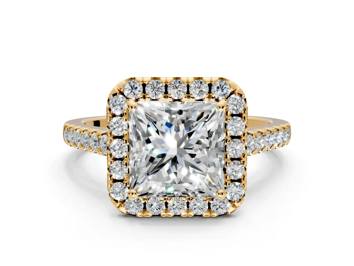 Halo Engagement Ring Setting for Princess Cut Center with Raised Halo, Pave Band and Prong Head in Yellow Gold