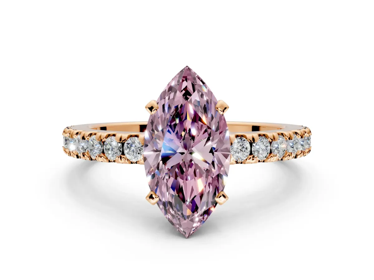 Solitaire Engagement Ring Setting for Fancy Pink Marquise Center with Single Row Accent Band and Prong Head in Rose Gold