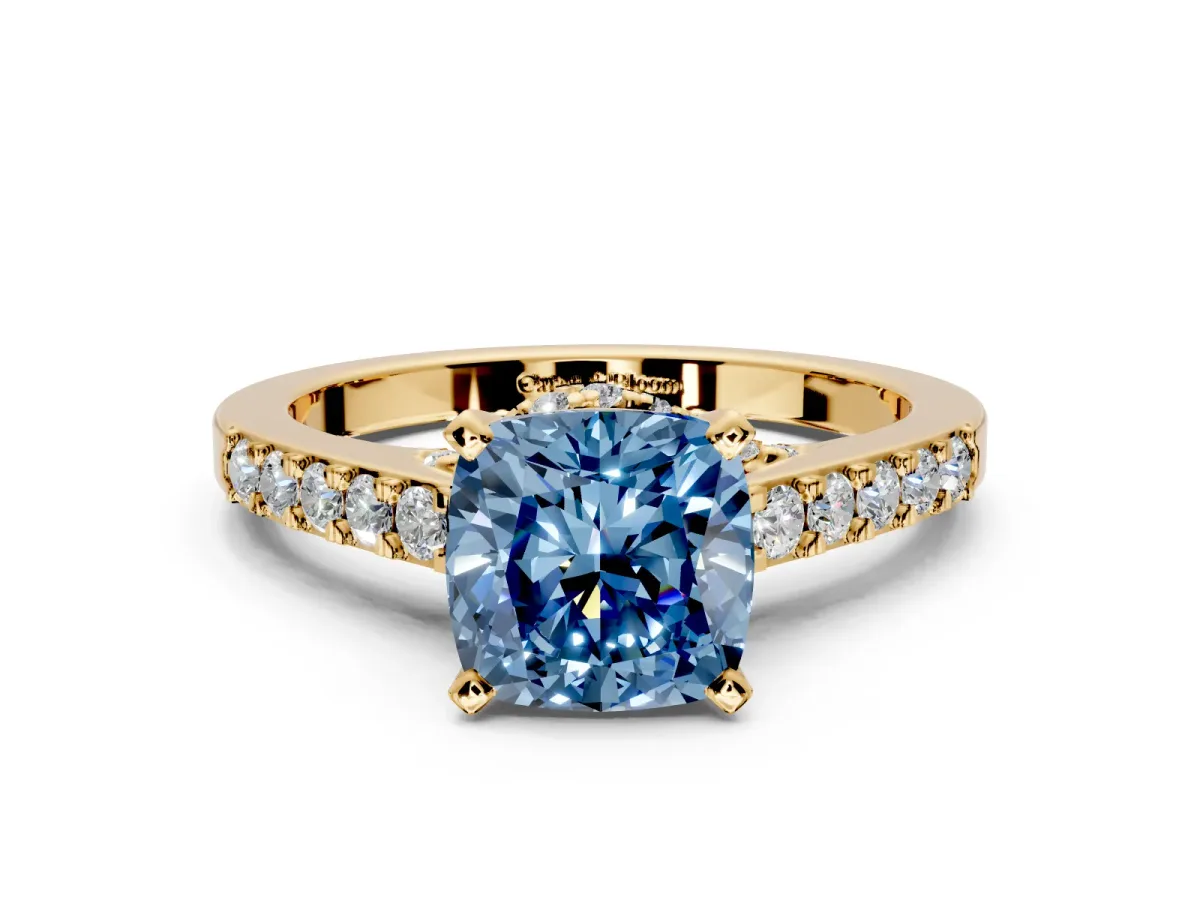 Solitaire Engagement Ring Setting for Fancy Blue Cushion Cut Center with Crossover Accents and Prong Head in Yellow Gold