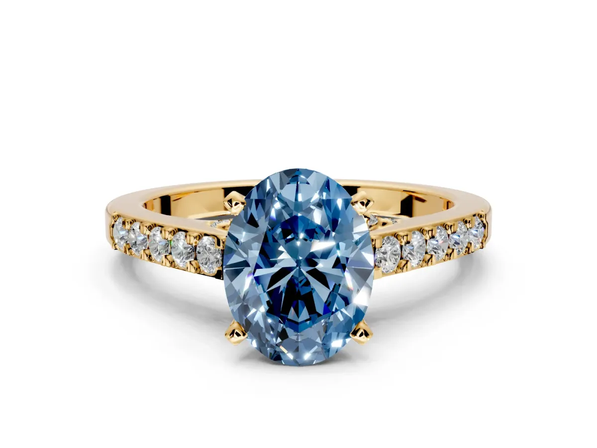Solitaire Engagement Ring Setting for Fancy Blue Oval Center with Crossover Accents and Prong Head in Yellow Gold