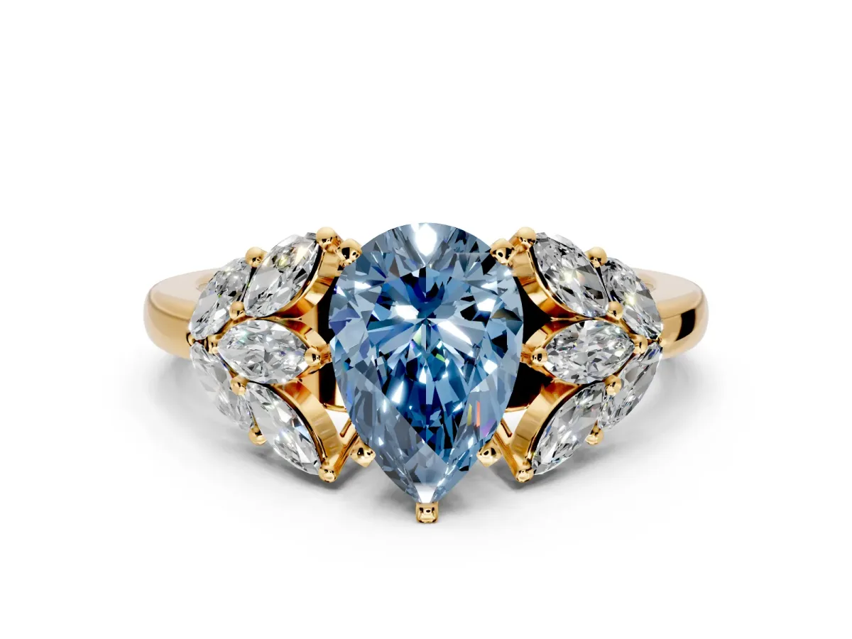 Leaf Cluster Engagement Ring Setting for Fancy Blue Pear-Shaped Center with Marquise Accents and Prong Head in Yellow Gold
